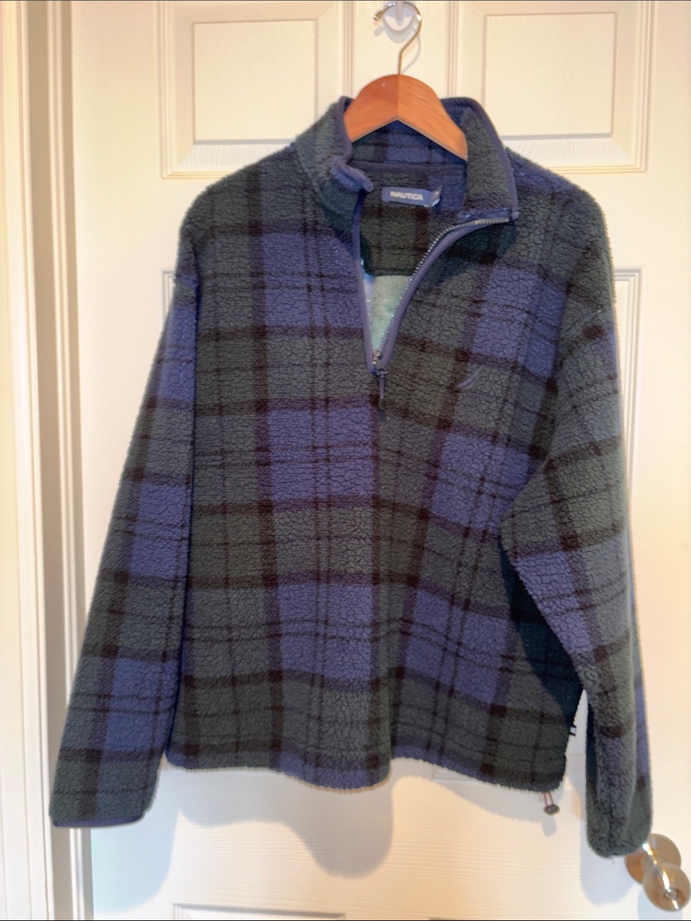 Nautica Men’s Blue & Gray Plaid Zip-Up Fleece Pullover